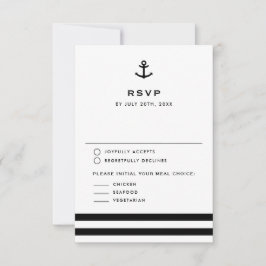 Cartão RSVP Casamento Náutico Moderno Preto e Branco Âncora