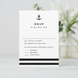 Cartão RSVP Casamento Náutico Moderno Preto e Branco Âncora