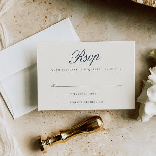 Cartão RSVP Casamento Navy & Ecru em Letra Script Clássica