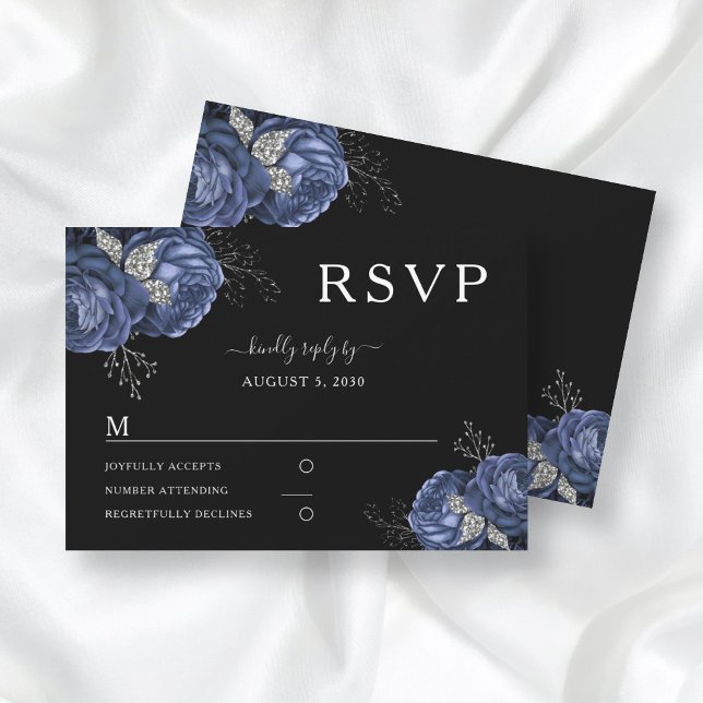 Cartão RSVP Casamento Negra de Peões Azuis Marinhos Florais El (Criador carregado)