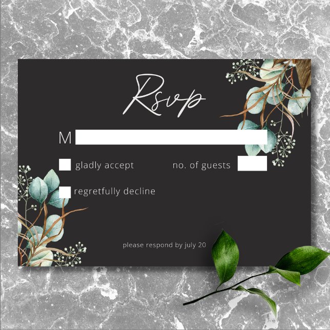 Cartão RSVP Casamento Negra de Peões Brancos Modernos Elegante (Modern Elegant White Peonies Black Wedding RSVP Card)