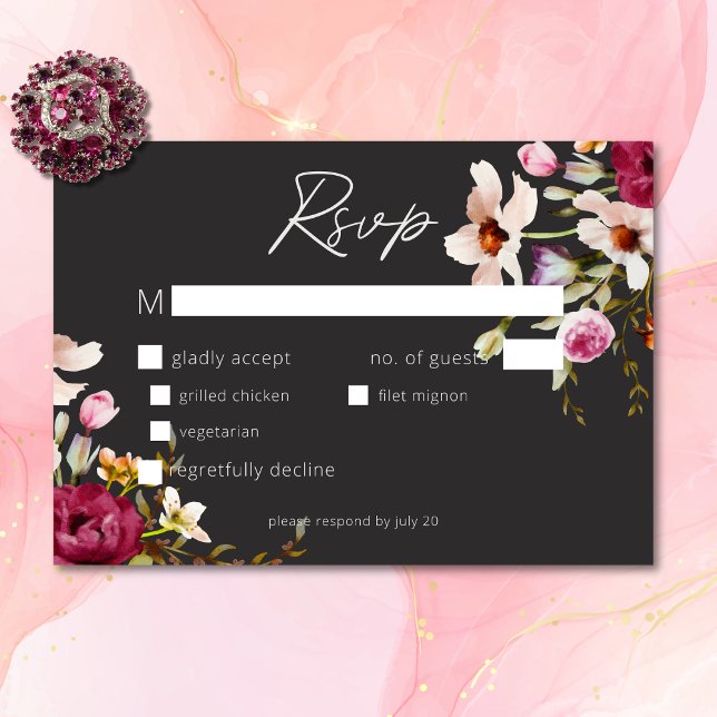Cartão RSVP Casamento Negra Floral do Verão Elegante Moderno (Modern Elegant Summer Meadow Floral Black Wedding RSVP Card)