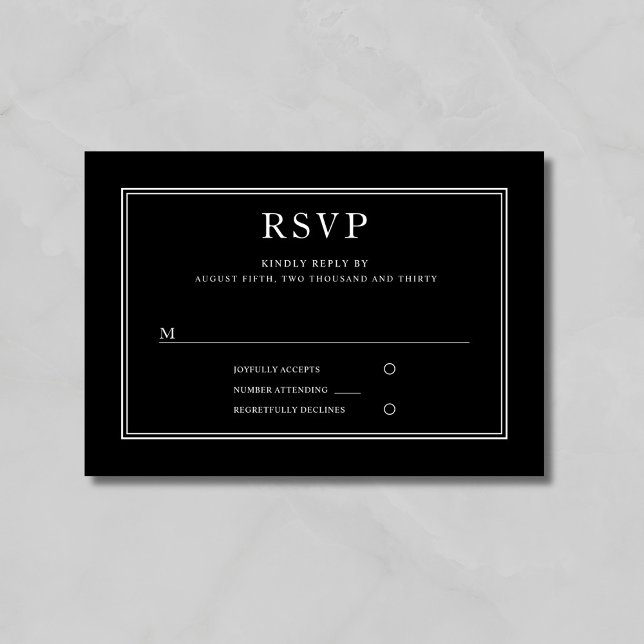 Cartão RSVP Casamento Negro Clássico Elegante (Elegant Classic Black Wedding RSVP Card)