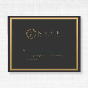 Cartão RSVP Casamento Negro Dourado de Elegância Simples Clá