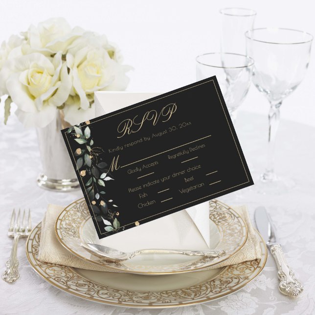 Cartão RSVP Casamento Negro Dourado Floral Eucalyptus Greenery (Criador carregado)