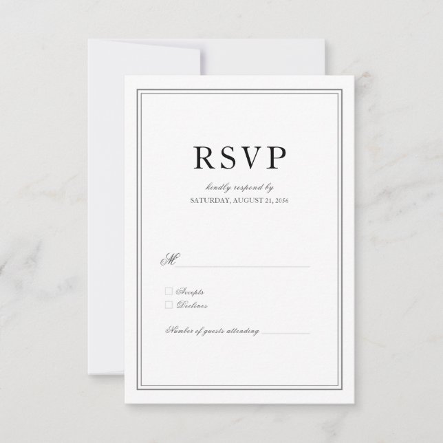 Cartão RSVP Casamento Negro e Branco clássico legante (Frente)