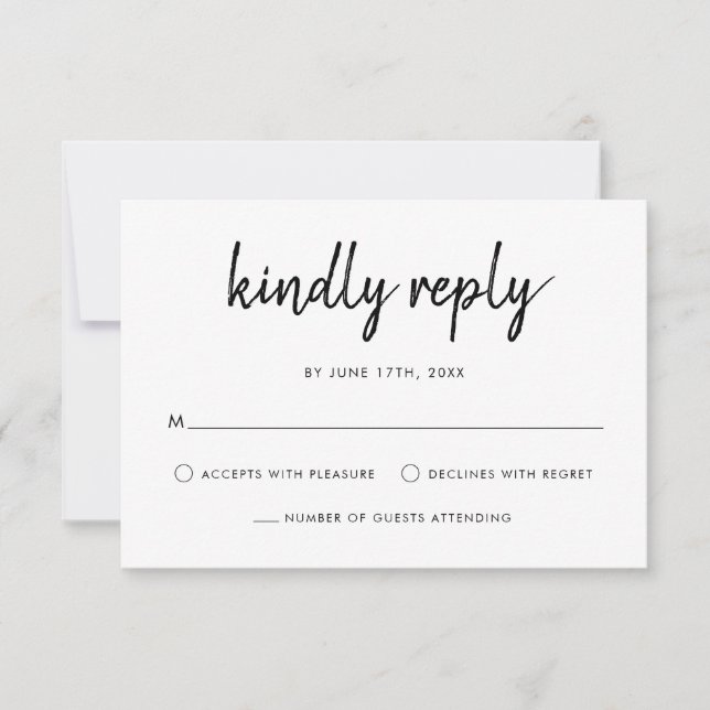 Cartão RSVP Casamento Negro E Branco Com Script Negra Moderno (Frente)