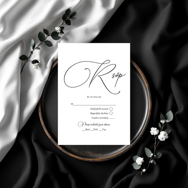 Cartão RSVP Casamento Negro e Branco Elegante (Elegant Black and White Wedding RSVP Card)