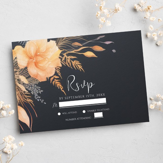 Cartão RSVP Casamento Negro Elegante de Queda Floral (Floral Fall Elegant Black Wedding RSVP Card)