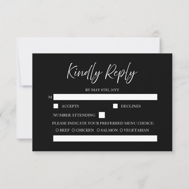 Cartão RSVP Casamento Negro Mínimo de Caligrafia de Script Ele (Frente)