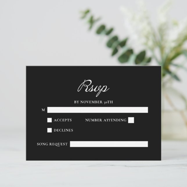 Cartão RSVP Casamento Negro Mínimo de Caligrafia de Script Mod (Em pé/Frente)