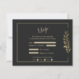 Cartão RSVP Casamento Negro Moderno de Folhas Douradas