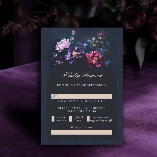 Cartão RSVP Casamento Negro Romântico Florais Joias Negra (dark moody wedding RSVP meal choice purple black jewel tones dutch painting romantic gothic)