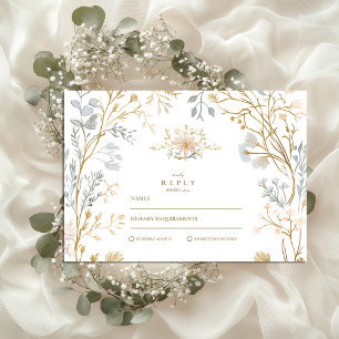 Cartão RSVP Casamento Neutral de Crest Floral Elegante
