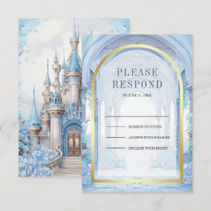 Cartão RSVP Casamento no Castelo Floral Azul Conto de Fadas