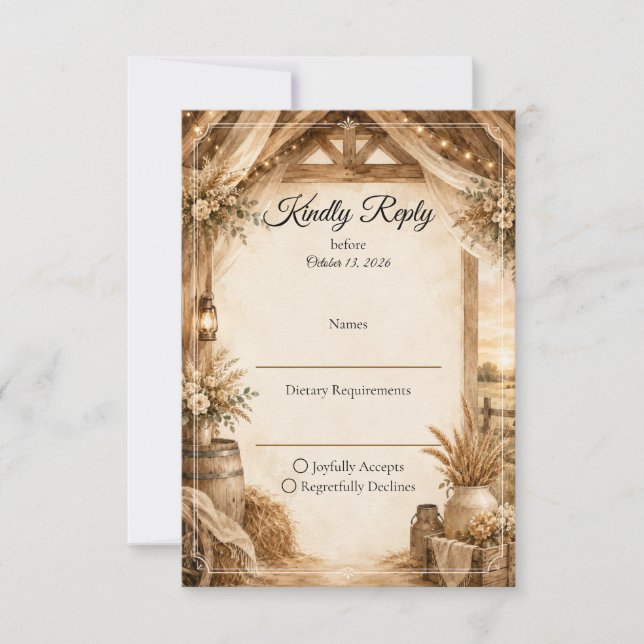 Cartão RSVP Casamento no Celeiro Rústico (Frente)