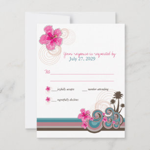 Cartão RSVP Casamento no Destino Hibisco Rosa Ondas Tropicais