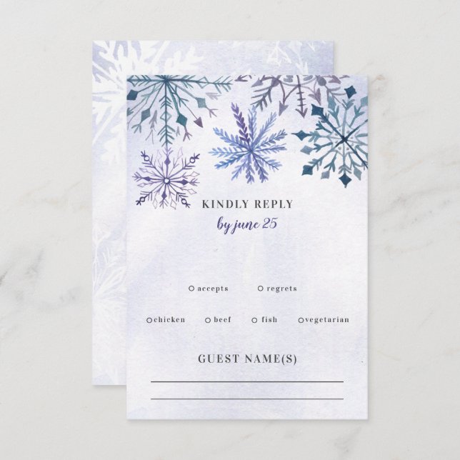 Cartão RSVP Casamento no inverno Azul de Flocos de Neve com Aq (Frente/Verso)