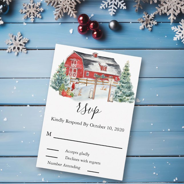Cartão RSVP Casamento no inverno Barn Natal Aquarela (Criador carregado)
