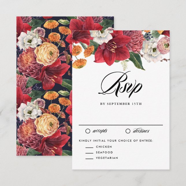 Cartão RSVP Casamento no inverno Botânico de Amaryllis Vermelh (Frente/Verso)
