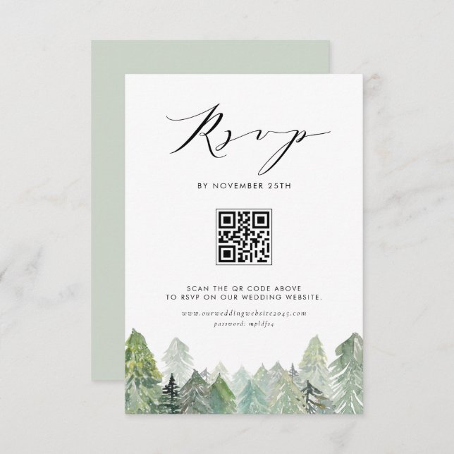 Cartão RSVP Casamento no inverno de Código QR da Floresta Ever (Frente/Verso)