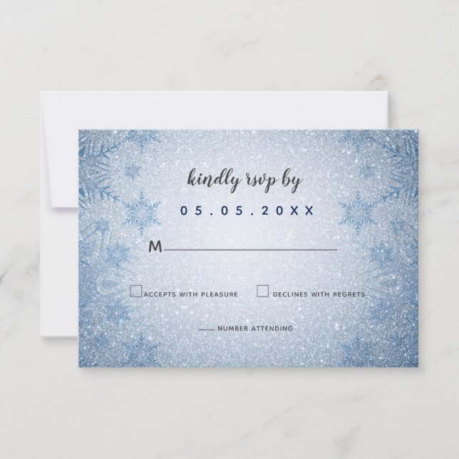 Cartão RSVP Casamento no inverno de flocos de neve azul brilha (Frente)