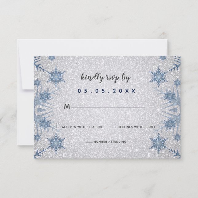 Cartão RSVP Casamento no inverno de flocos de neve azul brilha (Frente)