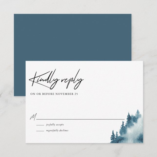 Cartão RSVP Casamento no inverno de Floresta Azul de Aquarela (Frente/Verso)