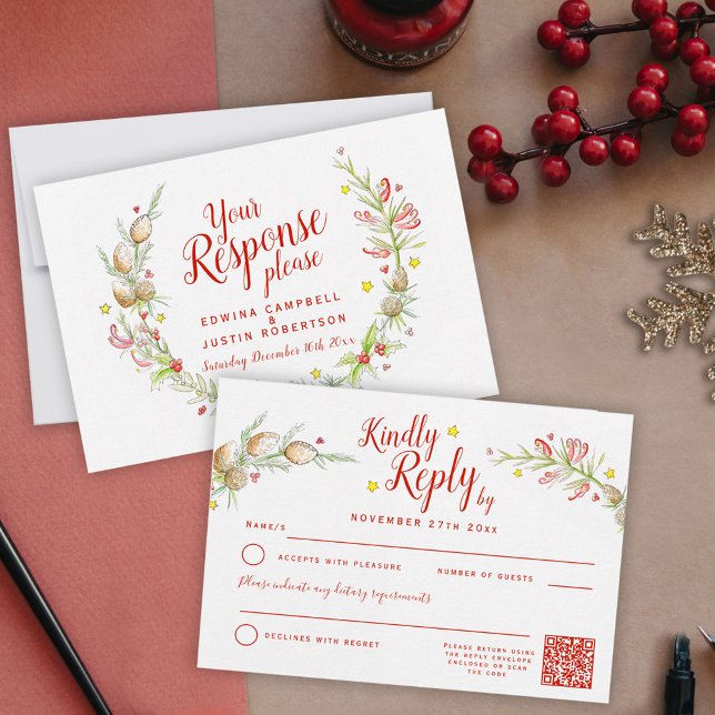 Cartão RSVP Casamento no inverno de Natal trecho floral QR (Criador carregado)