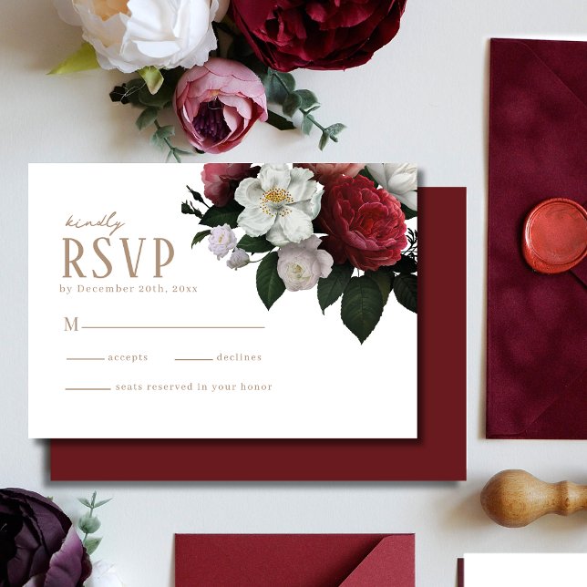 Cartão RSVP Casamento no inverno floral Romântico Burgundy Mar (Criador carregado)