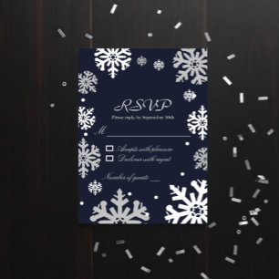 Cartão RSVP Casamento no inverno marinho Azul Flocos de Neve