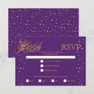 Cartão RSVP Casamento no inverno púrpura de confete com pinhe