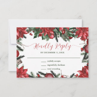 Cartão RSVP Casamento no inverno Red Poinsettia Pine Greenery