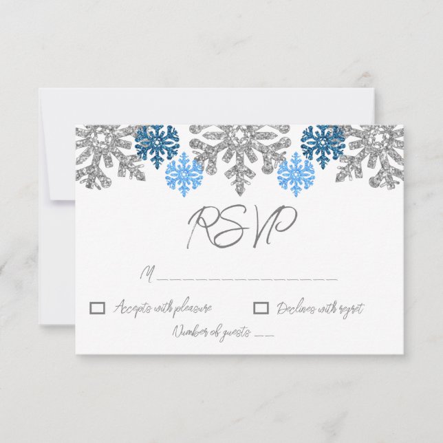 Cartão RSVP Casamento no inverno Silver Blue Snowflakes (Frente)