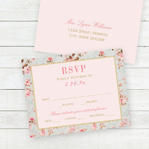 Cartão RSVP Casamento no Jardim Floral Rosa Dourado Vintage