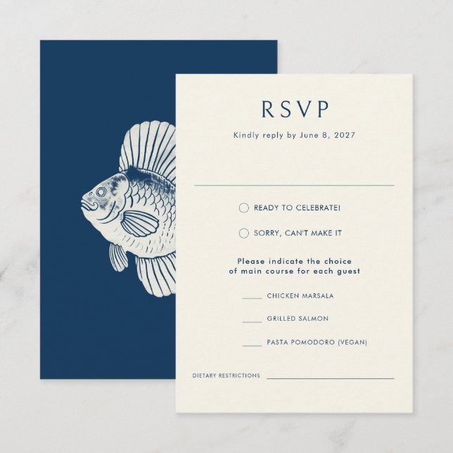 Cartão RSVP Casamento no Oceano Na moda de Peixes Azuis Náutic (Frente/Verso)