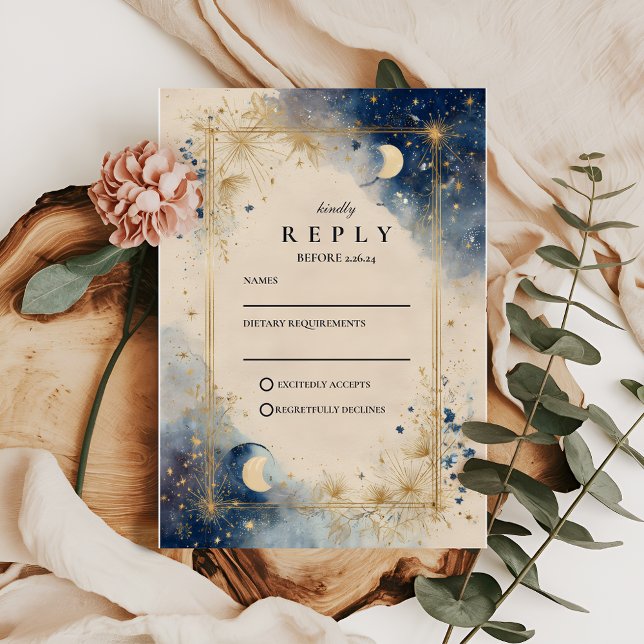 Cartão RSVP Casamento Noturno Celestial Dourado (Criador carregado)