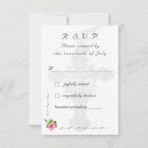 Cartão RSVP Casamento Nupcial Rosa Católico