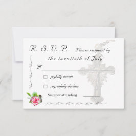 Cartão RSVP Casamento Nupcial Rosa Católico