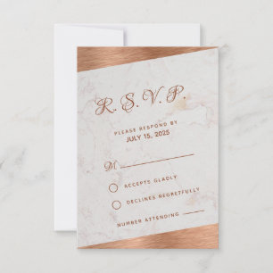 Cartão RSVP Casamento Obliquo Caligráfico de Cobre em Mármore 