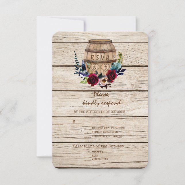 Cartão RSVP Casamento outono de barril de vinho Floral Burgund (Frente)