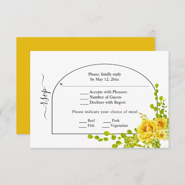 Cartão RSVP Casamento outono de flores amarelas, arcos e monog (Frente/Verso)
