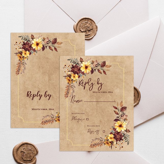 Cartão RSVP Casamento outono de outono Floral Amarelo e Borgon (Yellow & Burgundy Floral Autumn Fall Wedding RSVP Card)