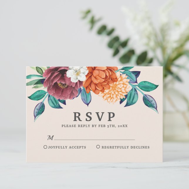 Cartão RSVP Casamento outono de terracota laranja queimada mod (Em pé/Frente)