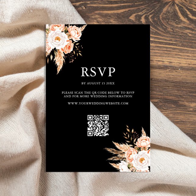 Cartão RSVP Casamento outono Floral Chic do Elegante Black Boh (Criador carregado)