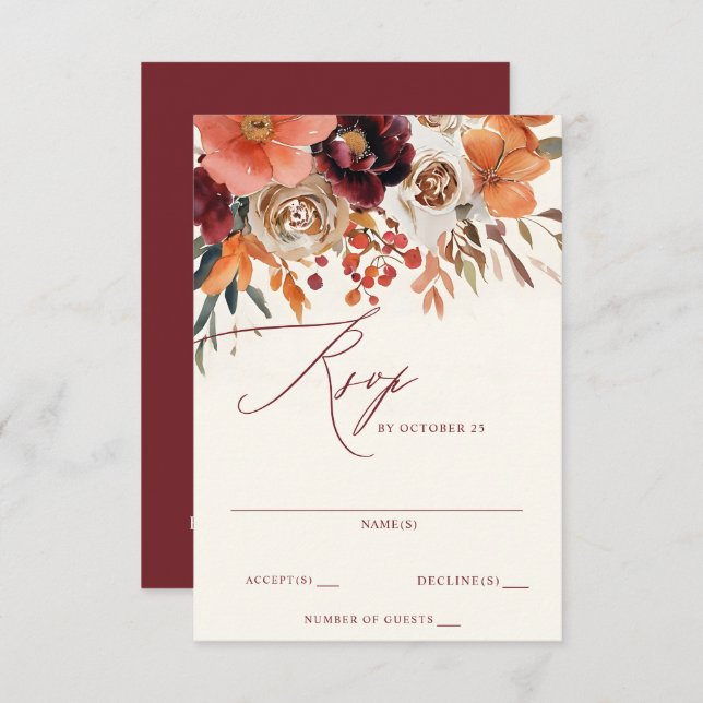 Cartão RSVP Casamento outono Floral Laranja Burgundy (Frente/Verso)