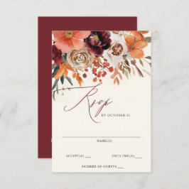 Cartão RSVP Casamento outono Floral Laranja Burgundy