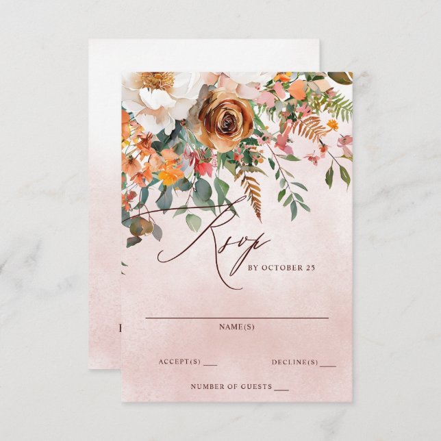 Cartão RSVP Casamento outono Floral Laranja Russo (Frente/Verso)
