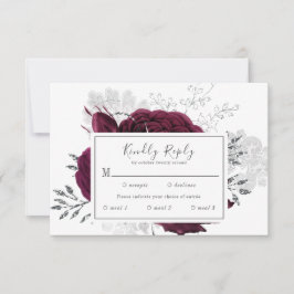 Cartão RSVP Casamento outono Floral Maroon Silver