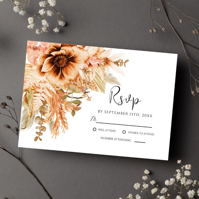 Cartão RSVP Casamento outono Floral Terracotta Elegante (Elegant Floral Terracotta Fall Wedding RSVP Card)